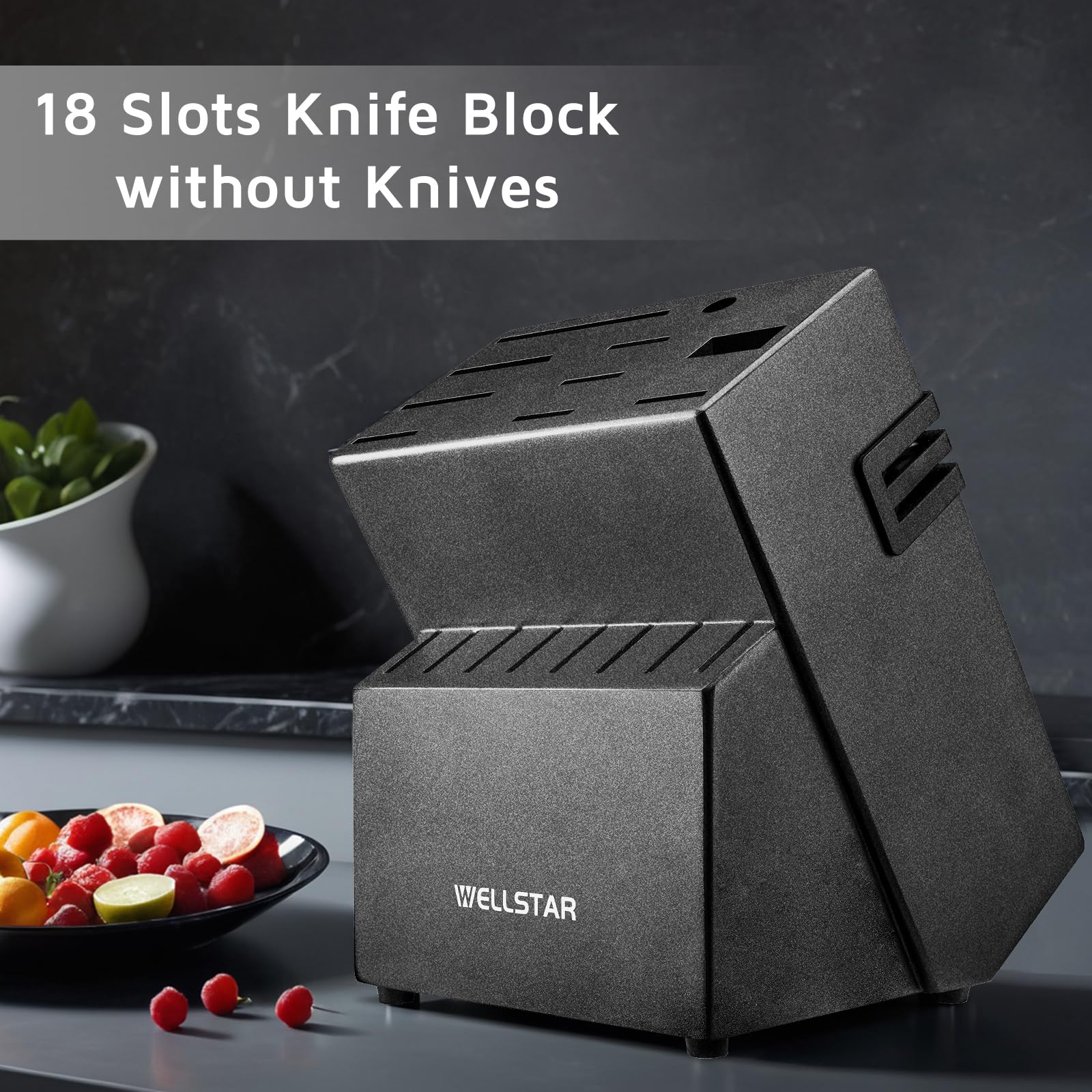 18-Slot Kitchen Knives Block, WELLSTAR Large Capacity Natural Wooden Knife Holder without Knives – Modern Hard Wood Counter-top Knife Storage with Built-in 2-Stage Knife Sharpener - Black