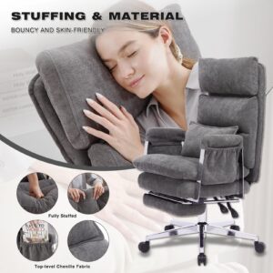 TUKAKA Big and Tall Fabric Computer Chair,Full Stainless Steel Comfy Ergonomic Home Office Chair with Foot Rest, Cute Chenille High Back Reclining Chair with Springs Cushion,Lumbar Support(Koala Gray)