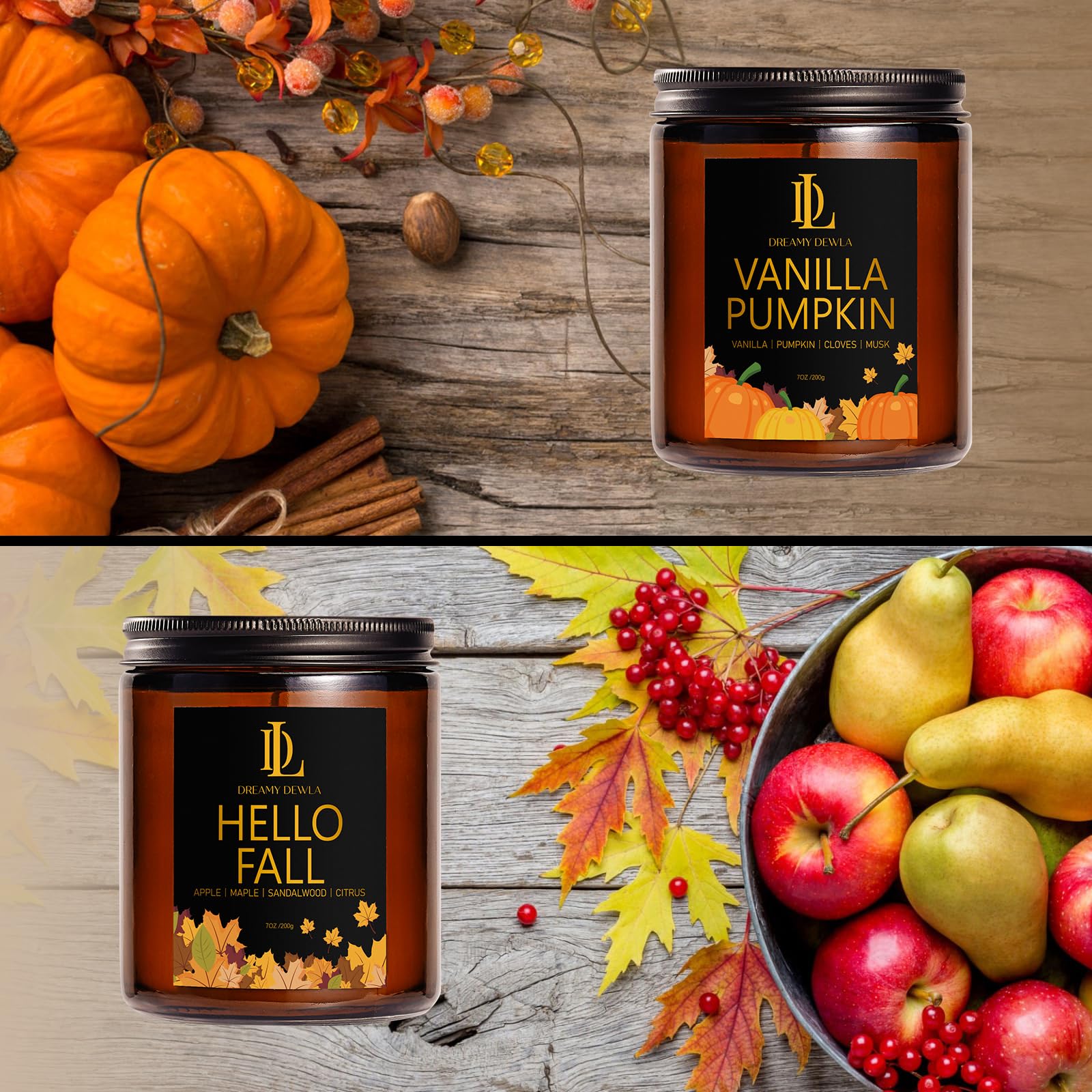 Fall Candle Set, Fall Candles for Home Scented, 4 Pack Soy Candles for Autumn, Aromatherapy Candle Gift Set for Women Men, Fall Scents of Pumpkin/Apple Pie/Hello Fall/Vanilla Cupcake