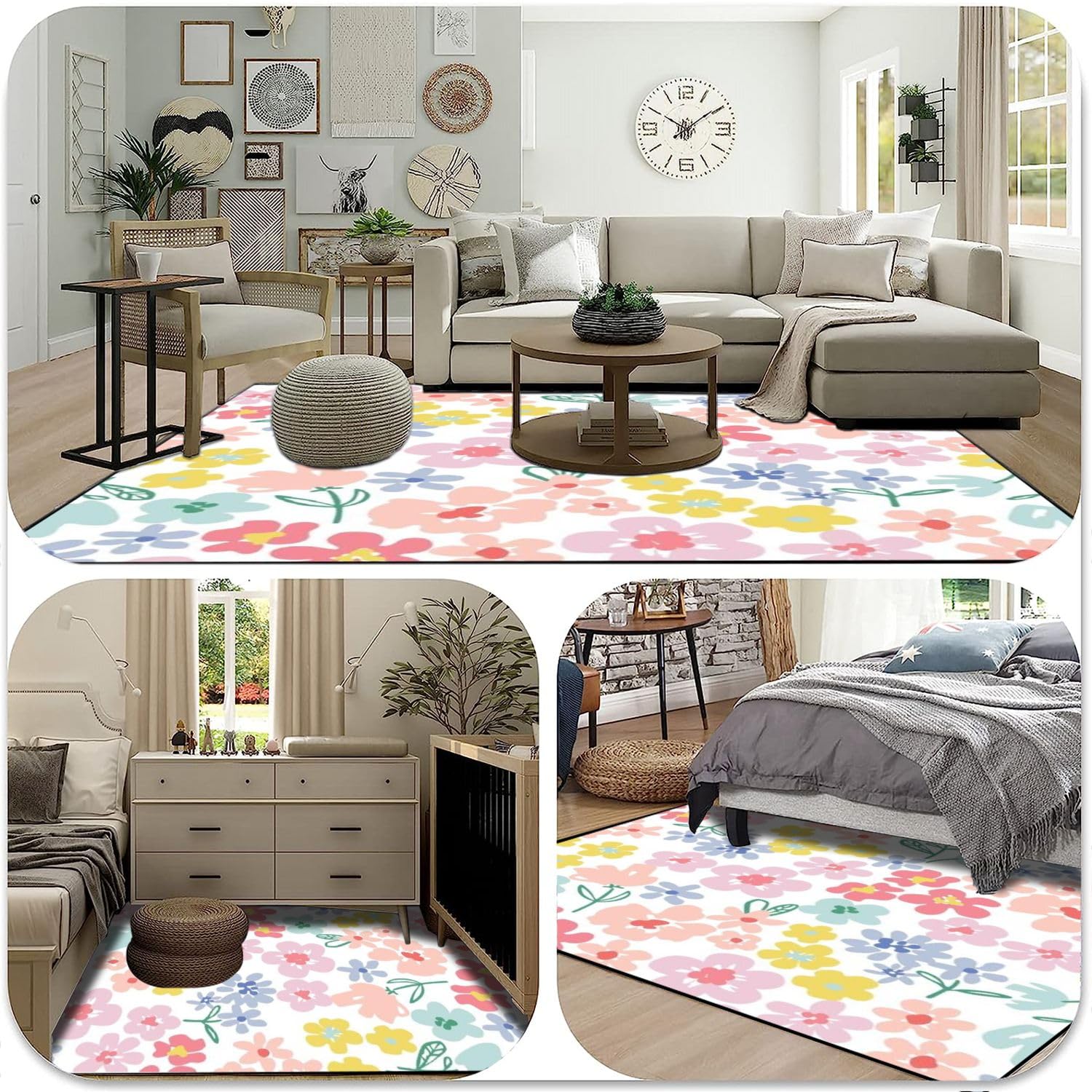 Area Rug Pattern Floral Flower Seamless Print Baby Daisy Repeat Pink Trendy Washable 6x9 feet Large Rugs for Bedroom Kitchen Living Room Non Slip Outdoor Carpets Soft Mats for Home Playroom Decor