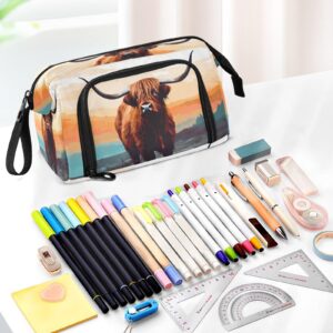 Emelivor Scotish Highland Cow Pencil Case Large Capacity Pencil Pouch Bag with Compartmens Pen Bag Case with Zipper Stationery Bag Pencil Organizer for College School Supplies Office Kids