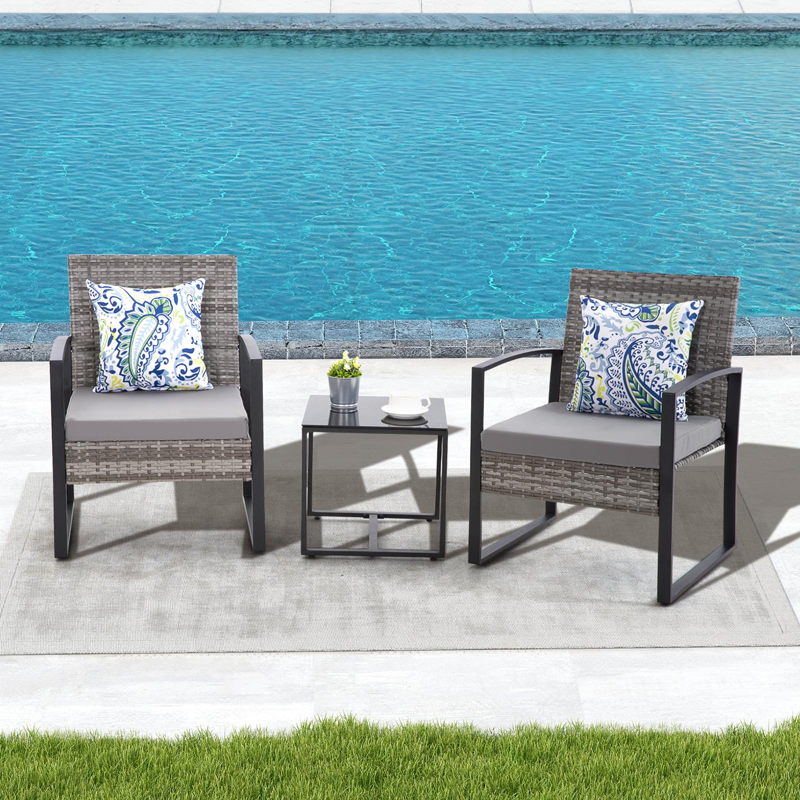 HYDRAGARDEN 3PCS Patio Furniture Set, Outdoor Wicker Bistro Conversation Set with Padded Cushions & Glass Table, Garden Rattan Chair Set for Porch Balcony Backyard (Plus Grey Wicker & Grey Cushions)