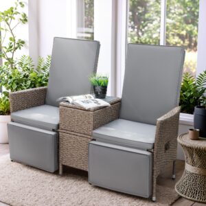 greesum patio recliner all-weather wicker outdoor loveseat lounge chairs with built-in storage table for balcony, porch, lawn, gray