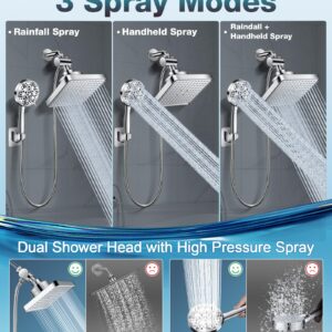 Dual Filtered Rain Shower Head Combo, High Pressure 9 Modes Handheld Shower Head Built in Power Spray, 6 inch Rainfall Shower Head with Filter for Hard Water