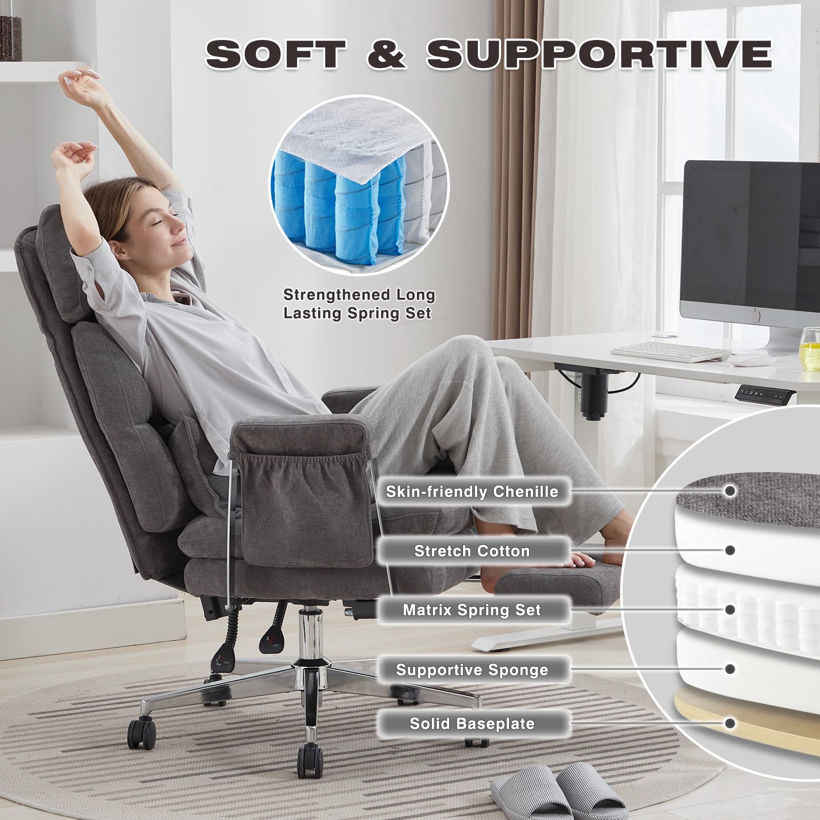 TUKAKA Big and Tall Fabric Computer Chair,Full Stainless Steel Comfy Ergonomic Home Office Chair with Foot Rest, Cute Chenille High Back Reclining Chair with Springs Cushion,Lumbar Support(Koala Gray)