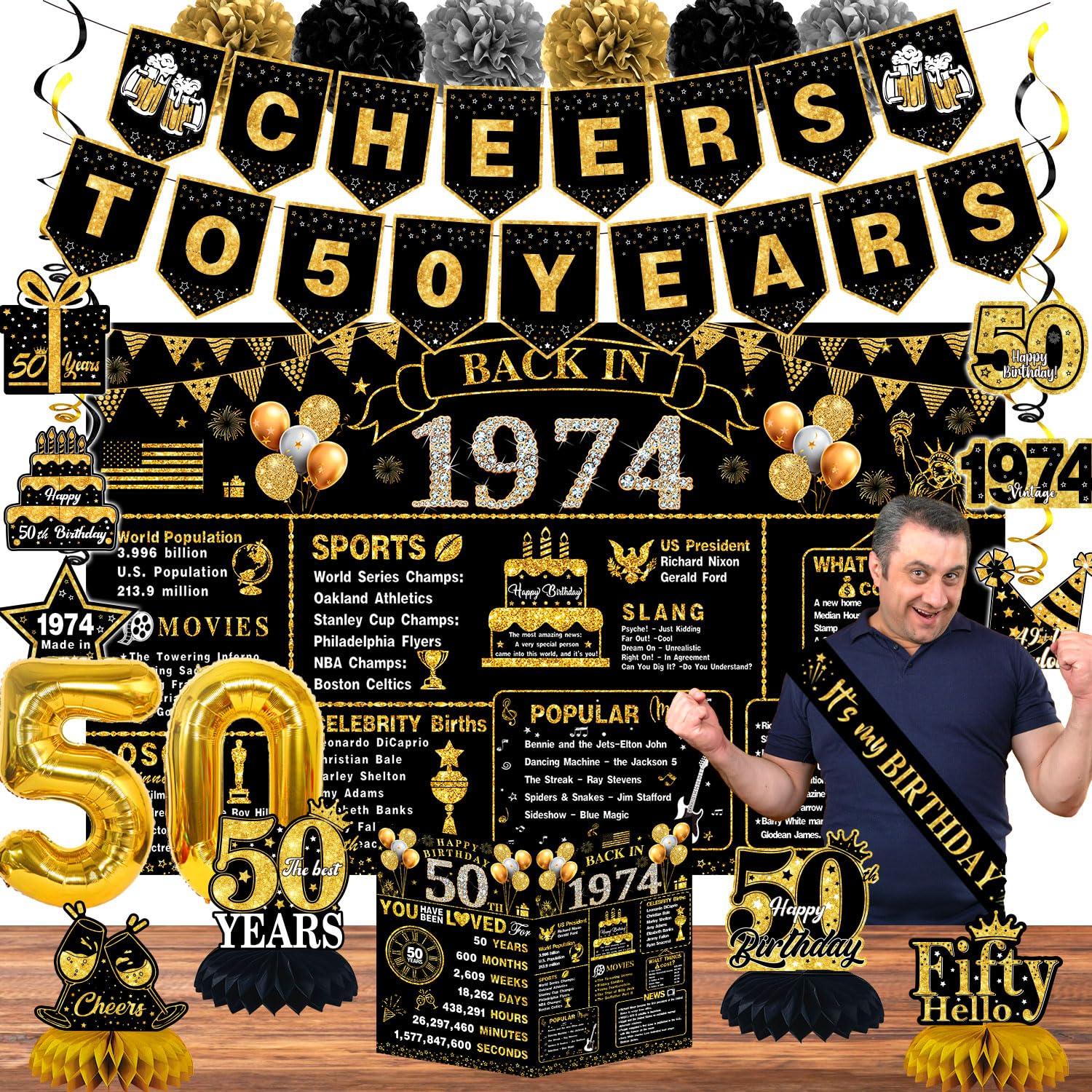 50th Birthday Decorations for Men Women, 22pcs Back in 1974 Banner Decorations，50 Years Old Birthday Backdrop, 1974 Guest Book, Balloons, Honeycomb Centerpiece, Hanging Swirl, Paper Poms, Sash