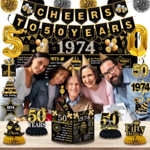 50th Birthday Decorations for Men Women, 22pcs Back in 1974 Banner Decorations，50 Years Old Birthday Backdrop, 1974 Guest Book, Balloons, Honeycomb Centerpiece, Hanging Swirl, Paper Poms, Sash