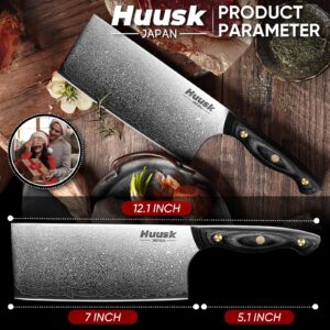 Huusk Damascus Cleaver Knife 7 inch, VG10 Butcher Knife for Meat Cutting, Kitchen Knife with Wood Handle for Chopper Vegetables Hand Forged Chooping Knife, Birthday Dad Mom Gift