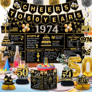 50th Birthday Decorations for Men Women, 22pcs Back in 1974 Banner Decorations，50 Years Old Birthday Backdrop, 1974 Guest Book, Balloons, Honeycomb Centerpiece, Hanging Swirl, Paper Poms, Sash