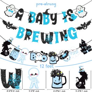 Halloween A Baby Is Brewing Banner Halloween Baby Shower Party Decorations 3pcs Blue and Black A Baby Is Brewing Banners for Boy Halloween Party Spooky Ghost Boo Theme Party Pumpkin Bat Witch Theme Baby Shower Supplies