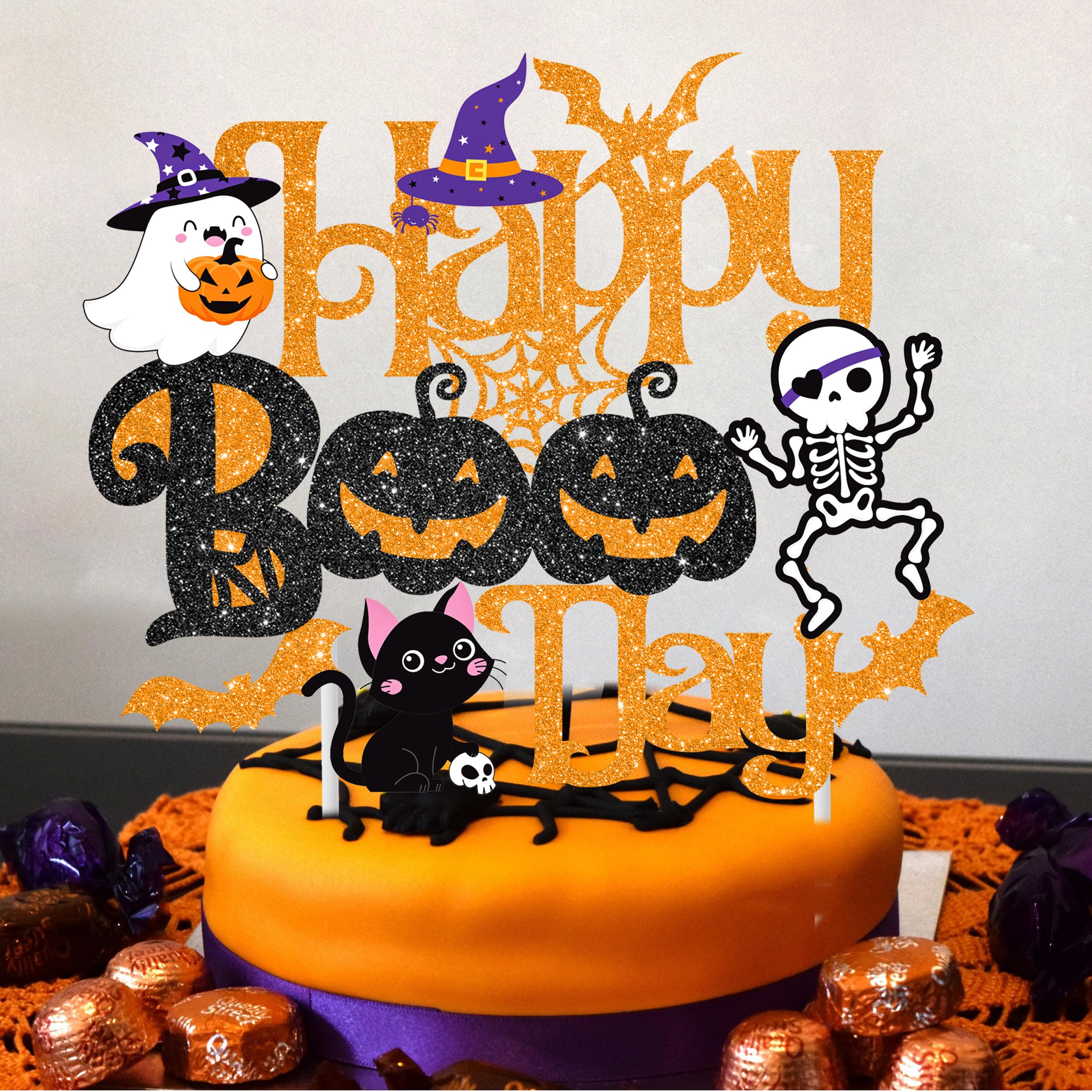 Halloween Happy Boo Day Cake Topper Black Orange Ghost Little Boo Birthday Party Decoration Halloween Theme Baby Shower Party Cake Topper for Bat Pumpkin Witch Theme Birthday Party Supplies