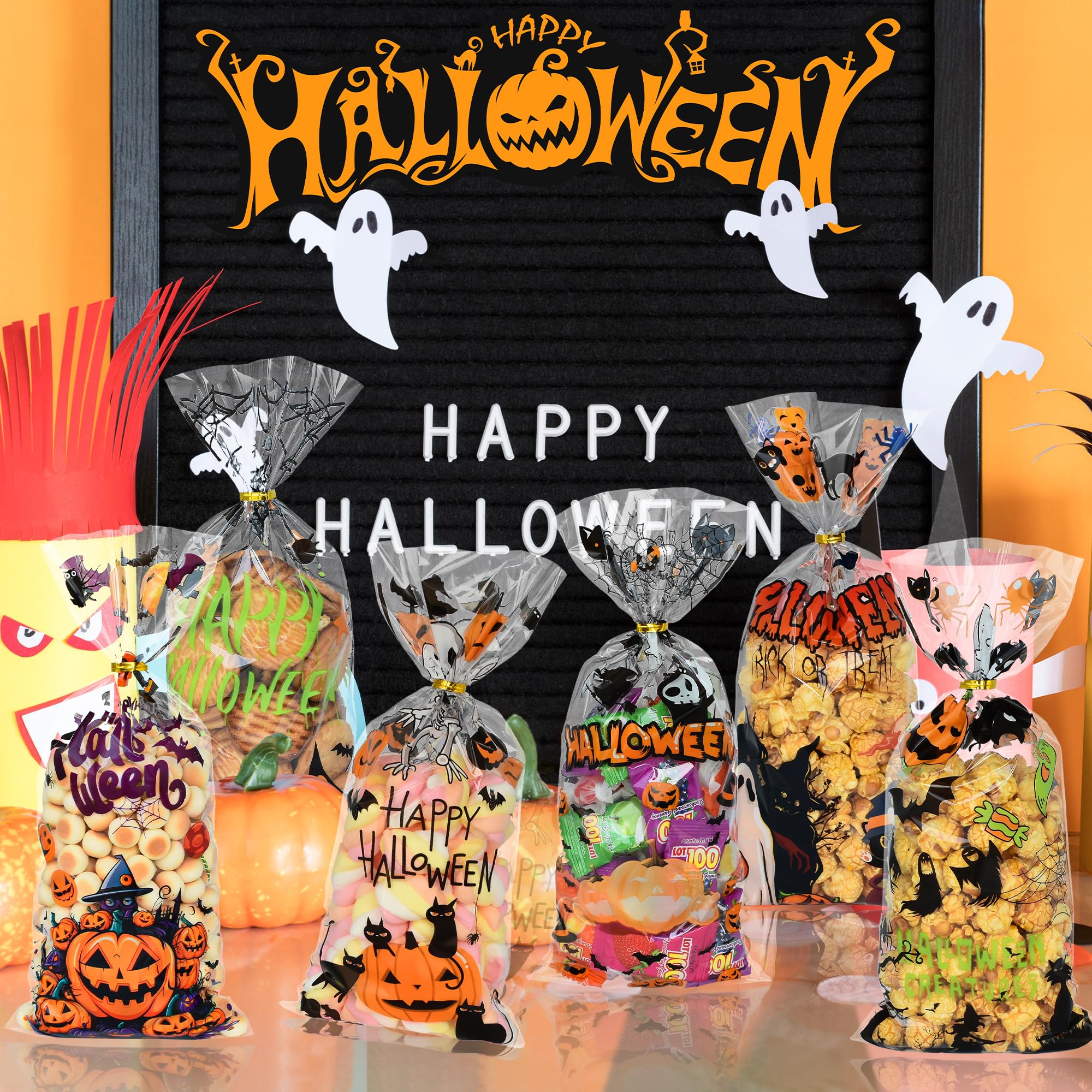 Twavang 150 Pcs Halloween Cellophane Treat Bags, Halloween Trick or Treat Goodie Bags with 170 Pcs Twists for Snacks Cookies Packing (10.8 x 4.9 inches)