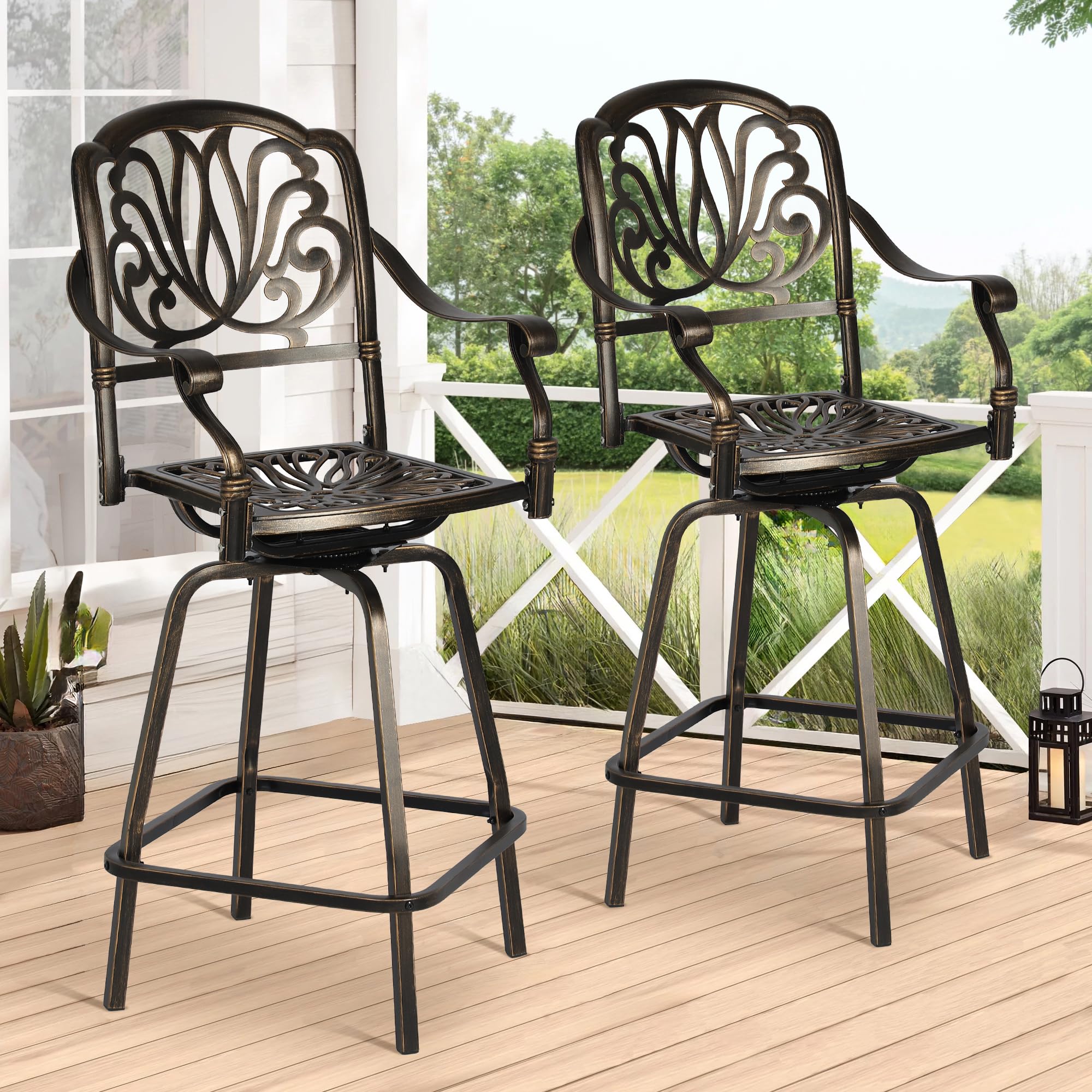 Grepatio Outdoor Cast Aluminum Swivel Bar Stools Set of 2, Patio Height Bartools Chairs, 2 Piece Patio High Dining Bistro Chairs for Garden Backyard (Without Cushion)