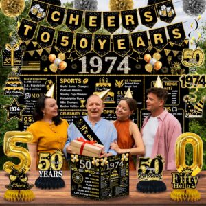 50th Birthday Decorations for Men Women, 22pcs Back in 1974 Banner Decorations，50 Years Old Birthday Backdrop, 1974 Guest Book, Balloons, Honeycomb Centerpiece, Hanging Swirl, Paper Poms, Sash