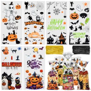 twavang 150 pcs halloween cellophane treat bags, halloween trick or treat goodie bags with 170 pcs twists for snacks cookies packing (10.8 x 4.9 inches)