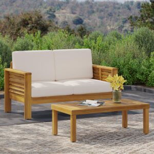 Christopher Knight Home Louver Outdoor Acacia Wood Loveseat and Coffee Table Set with Cushions, 40 "W x 20 "D x 13.75 "H, Teak + Cream