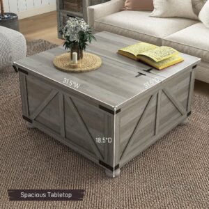 HOMCOM Farmhouse Coffee Table, Square Coffee Table with Storage for Living Room, Center Table with Hinged Flip Lift Top and Hidden Space, Oak