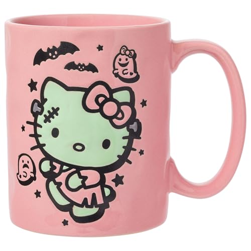 Silver Buffalo Sanrio Hello Kitty Halloween Frankenstein Wax Resist Ceramic Pottery Mug, 17 Ounces