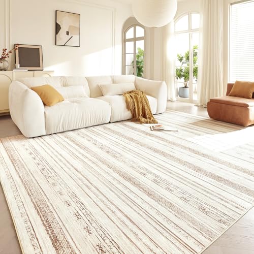 Boraya Area Rugs for Living Room: 9x12 Washable Boho Rug for Bedroom Large Neutral Bohemian Moroccan Farmhouse Geometric Dining Room Rugs Ultra Soft Floor Carpet Indoor for Home Office Nursery - Brown