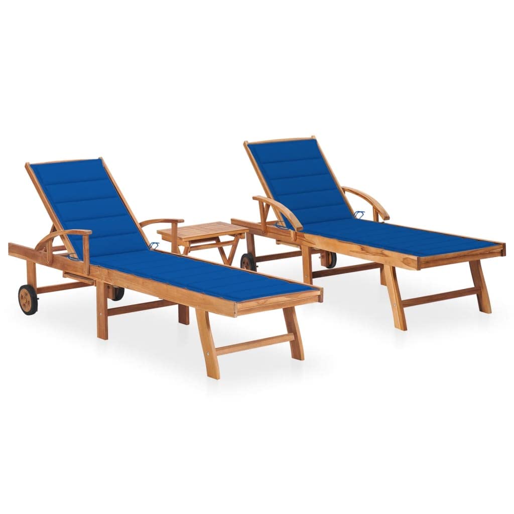 vidaXL Solid Wood Teak Sun Loungers with Wheels, Adjustable Patio/Outdoor/Garden Daybeds, Royal Blue Cushion, Side Table Included