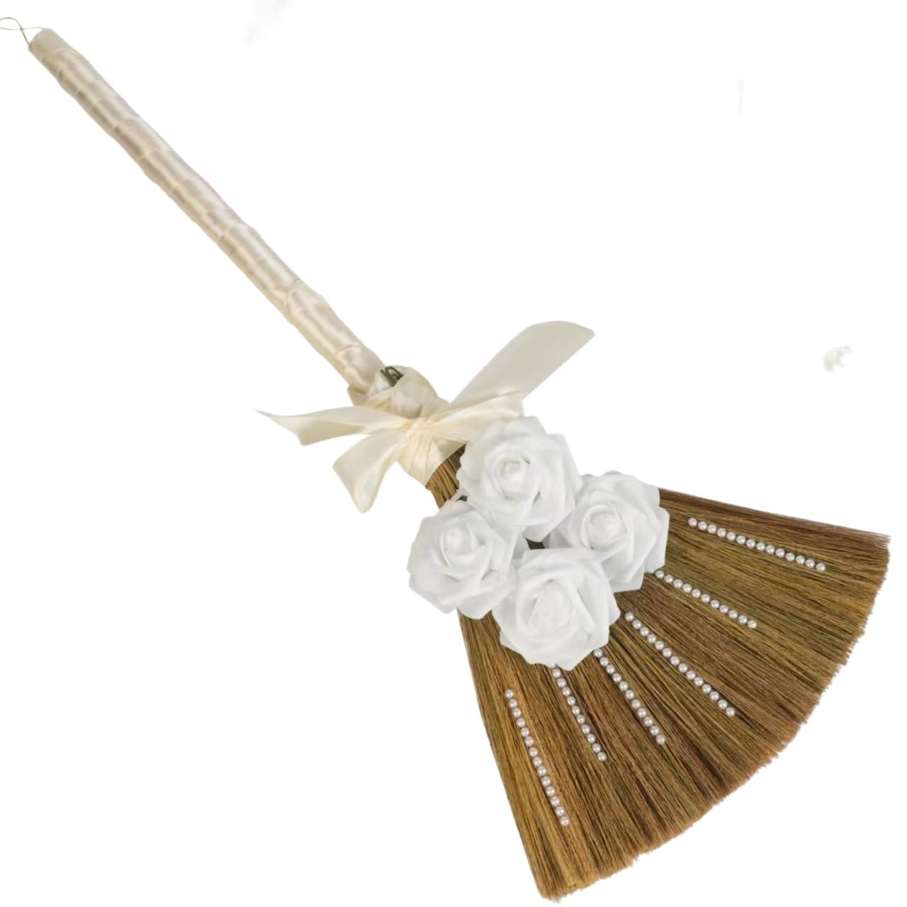 Wedding Broom for Jumping Ceremony, Decorative Broom DIY with Ribbons Artificial Roses & Sticky Pearl