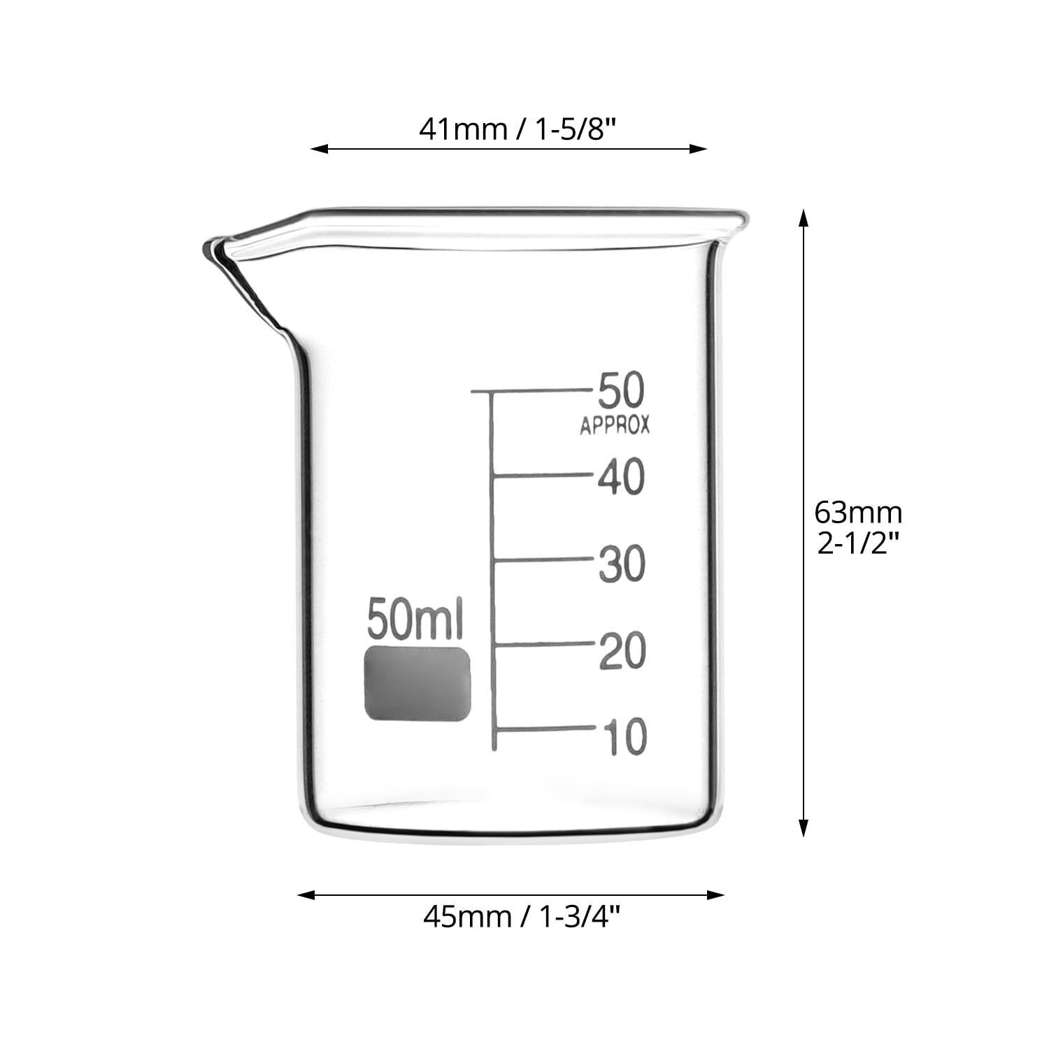 QWORK Sturdy Glass Beaker Set, 1.7oz (50ml), Pack of 6, 3.3 Borosilicate Griffin Low Form with Printed Graduations and Large Marking Spot