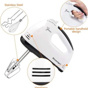 Showvigor 7-Speed Hand Mixer, 5-Piece Set, 2 Stainless Steel Dough Hooks, 2 Stirrers, 1 Traditional Whisk, Hand Mixer Electric Handheld for Stirring Meat, Dough, Eggs, Dishwasher Safe(White)