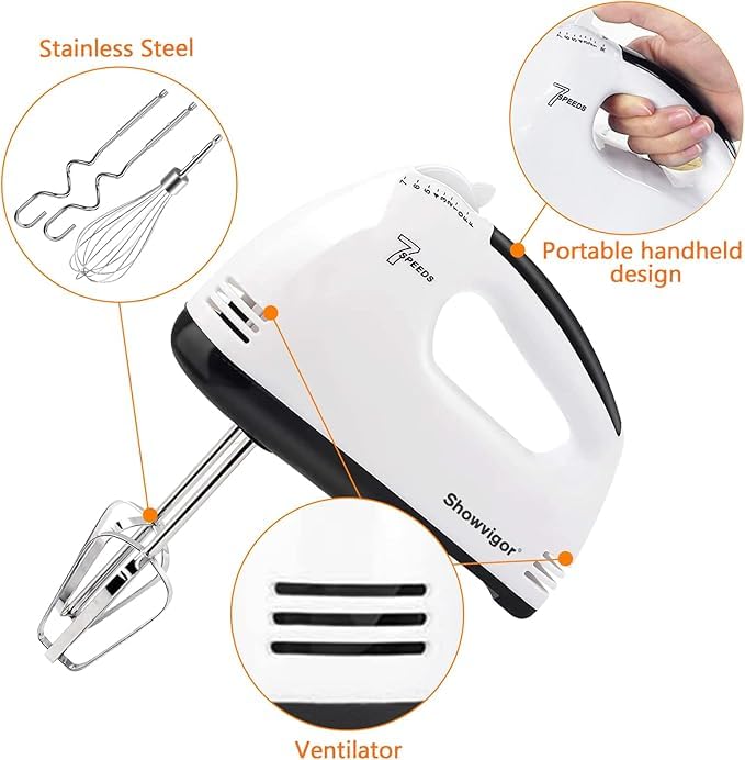 Showvigor 7-Speed Hand Mixer, 5-Piece Set, 2 Stainless Steel Dough Hooks, 2 Stirrers, 1 Traditional Whisk, Hand Mixer Electric Handheld for Stirring Meat, Dough, Eggs, Dishwasher Safe(White)