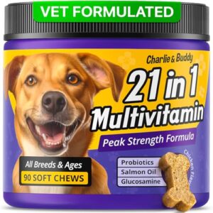 charlie & buddy dog multivitamin 21 in 1 - dog vitamins and supplements with vitamin c multivitamin for dogs - chicken flavour dog vitamins soft chews - 90ct