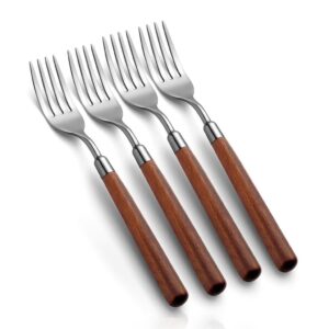 blewar 304 stainless steel wooden handle dinner forks, set of 4-8.07-inch forks for dinner, dessert, salad, and fruit - comfortable grip and elegant design