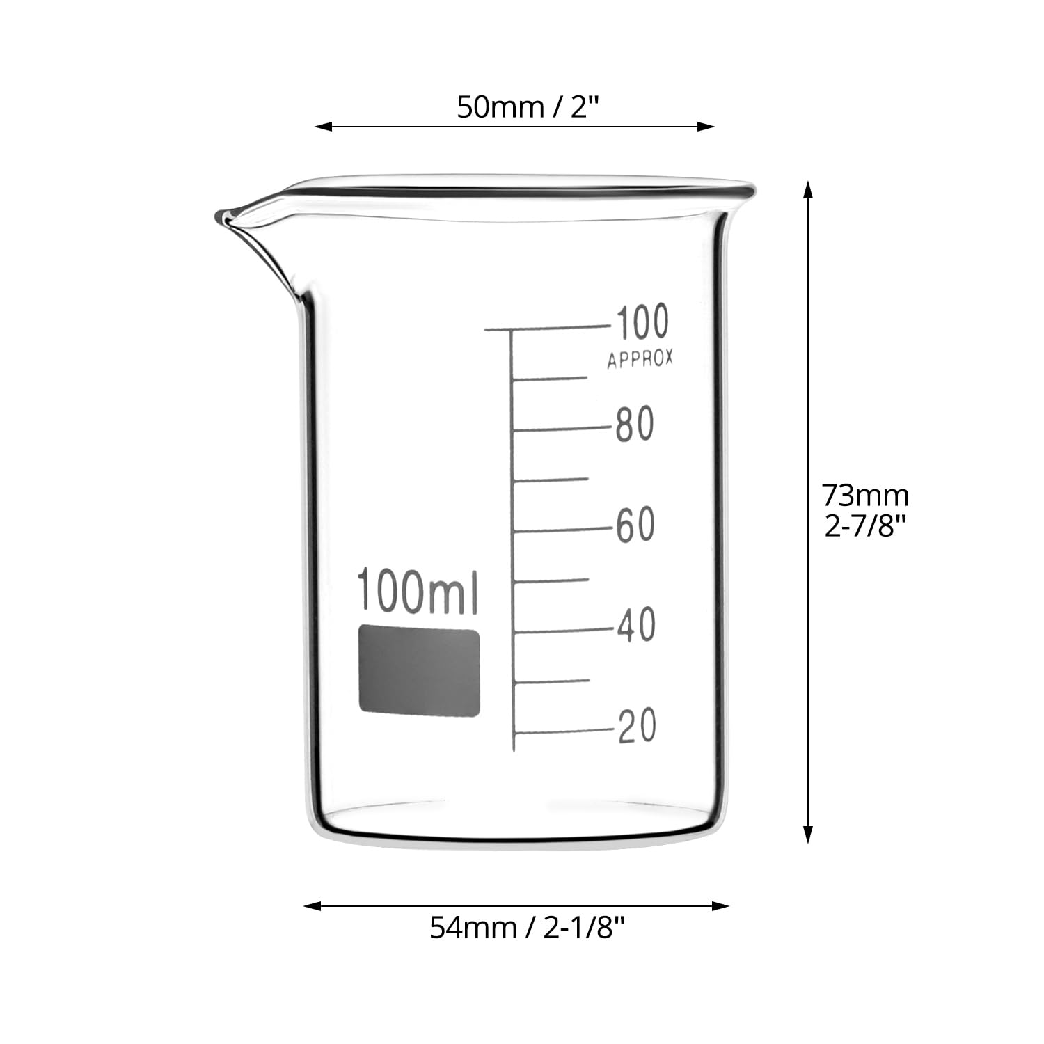 QWORK Sturdy Glass Beaker 100ml, Griffin Low Form, 6 Pcs, 3.3 Borosilicate Glass with Printed Graduation and Extra Large Marking Spot