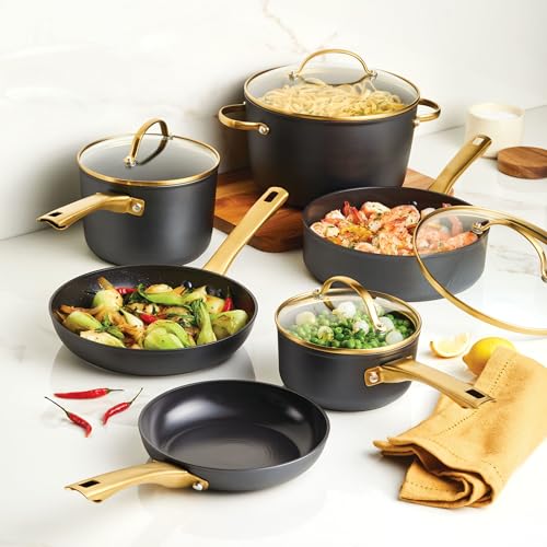 Farberware Forged Induction Ceramic Nonstick Pots and Pans Set with Lids and Kitchen Cooking Tools - Dishwasher Safe, Suitable for All Stovetops, 12 Piece Cookware Set - Black and Gold