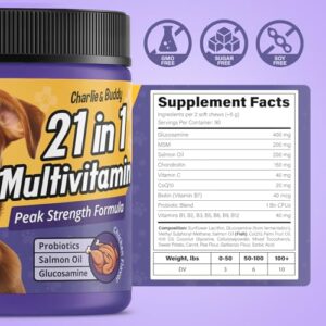 Charlie & Buddy Dog Multivitamin 21 in 1 - Dog Vitamins and Supplements with Vitamin C Multivitamin for Dogs - Chicken Flavour Dog Vitamins Soft Chews - 90ct