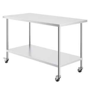 VEVOR Stainless Steel Work Table 30 x 60 x 38 Inch, with 4 Wheels, 3 Adjustable Height Levels, Heavy Duty Food Prep Worktable for Commercial Kitchen Restaurant, Silver