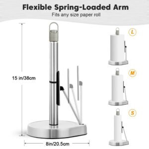 AIDEA Paper Towel Holder with Spray Bottle, Kitchen Towel Holder for Countertop, Spring Arm for Easy Tear, One-Handed Stainless Steel Paper Towel Dispenser with Weighted Base, Silver