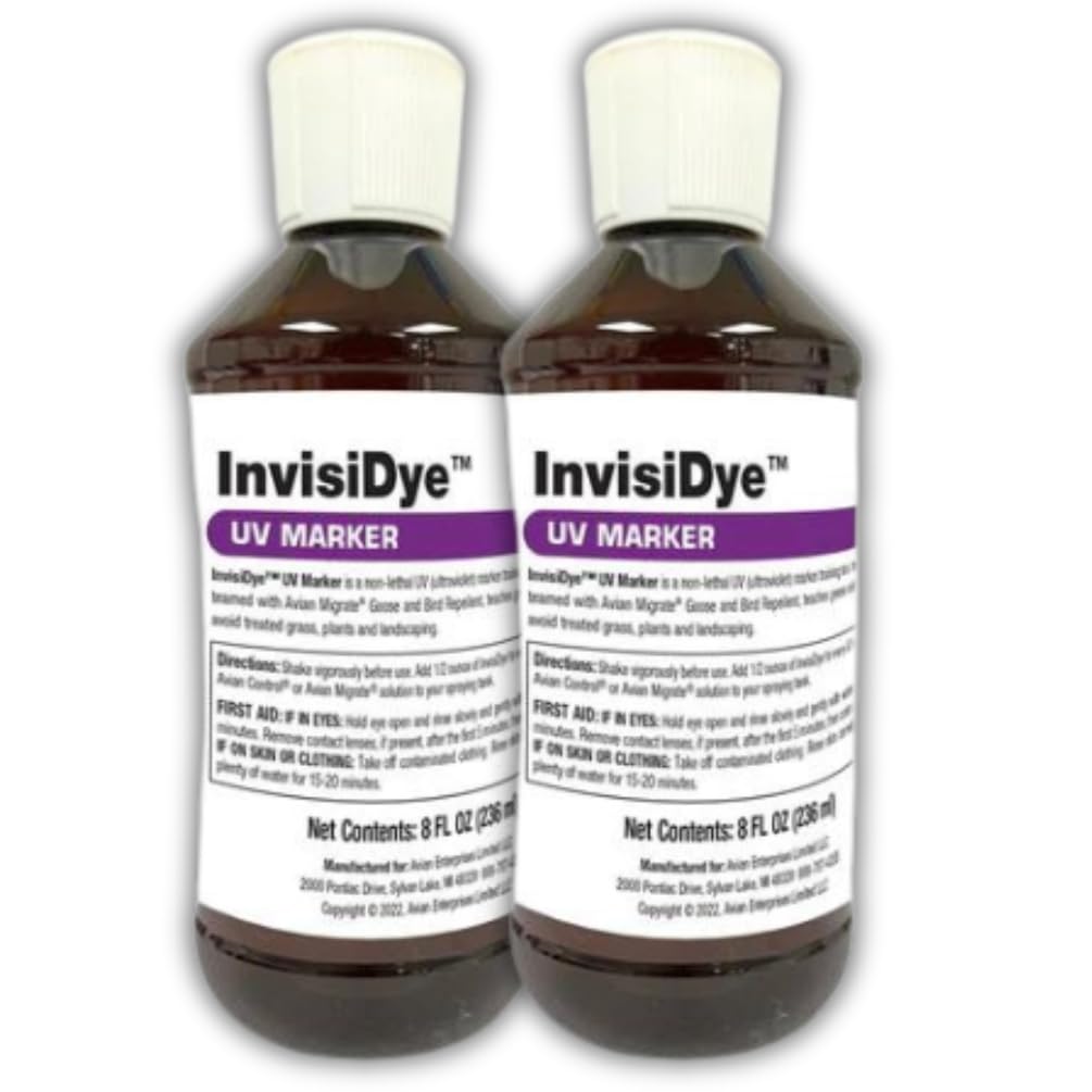 Goose Repellent UV Marker, Goose and Bird Detterent for Avian Migrate, Improves The Longevity of The Avian Migrate, Trains Geese and Birds to Avoid Areas, Invisidye (Two 8 oz Bottles)