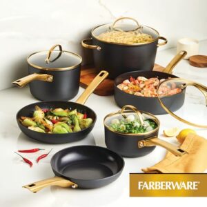 Farberware Forged Induction Ceramic Nonstick Pots and Pans Set with Lids and Kitchen Cooking Tools - Dishwasher Safe, Suitable for All Stovetops, 12 Piece Cookware Set - Black and Gold