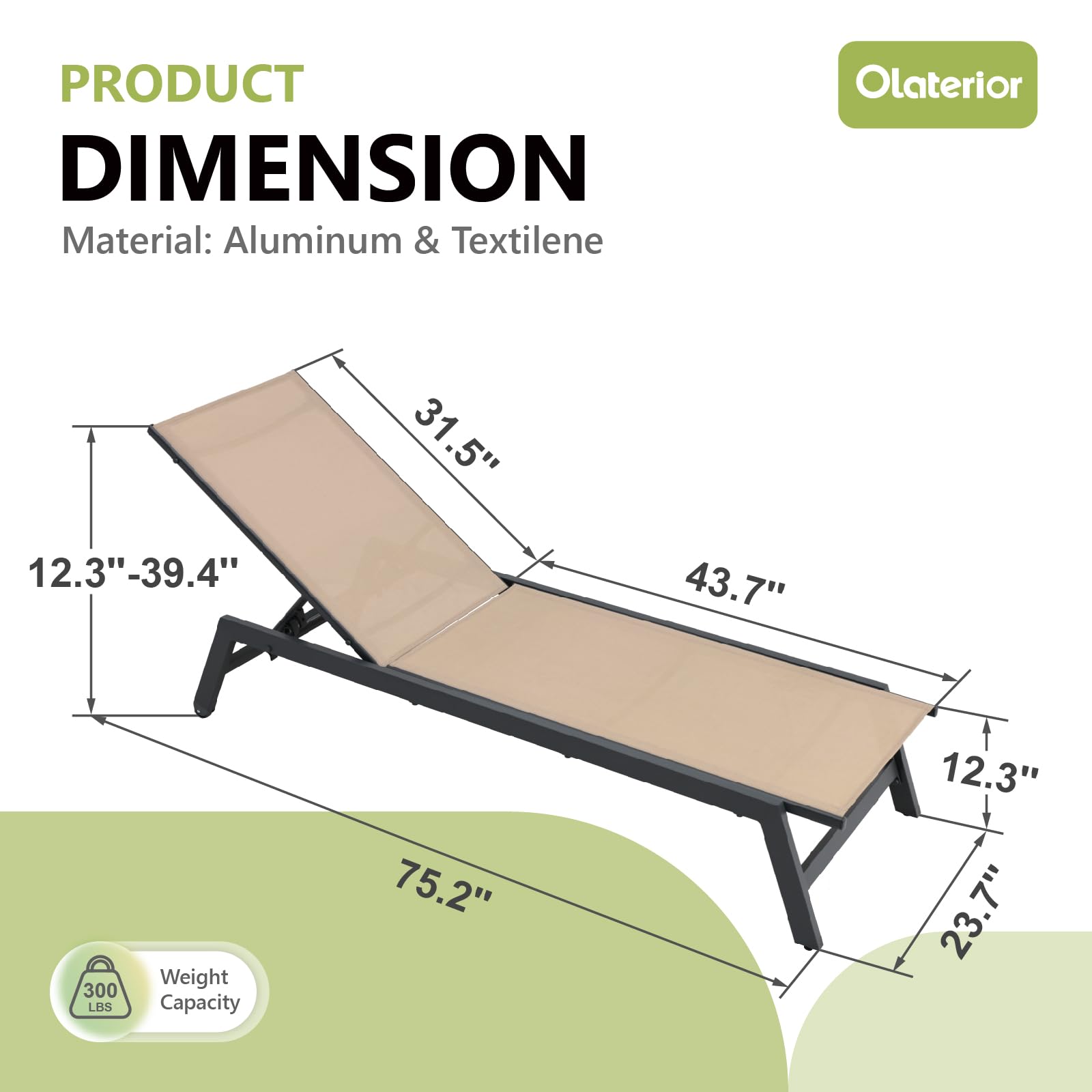 Olaterior Outdoor Chaise Lounge Set, Aluminum Patio Lounge Chair with Wheels, Textilene Lounge Chair for Outside, 5 Positions Adjustable Recliner, Sunbathing Lounger for Porch, Lawn, Pool, Khaki