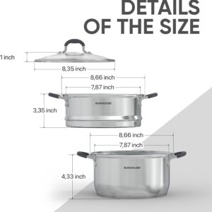 SUNHOUSE 3.3 Quart Steamer Pots With Lid 2-Tier Multipurpose Stainless Steel Steaming Pot Cookware For Vegetable, Dumpling, Sauce, Food - Triple Bottom, Measurement Line