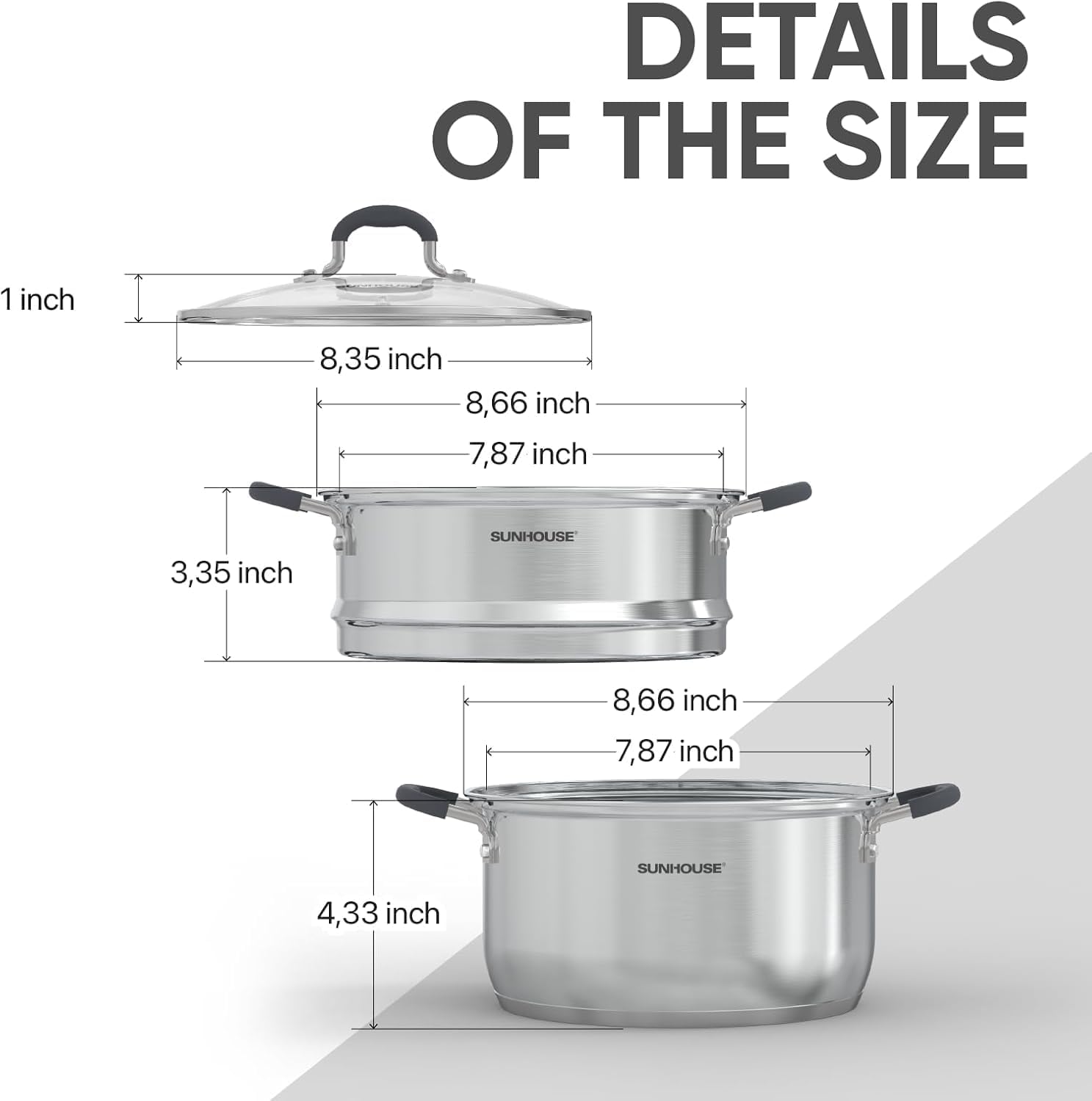 SUNHOUSE 3.3 Quart Steamer Pots With Lid 2-Tier Multipurpose Stainless Steel Steaming Pot Cookware For Vegetable, Dumpling, Sauce, Food - Triple Bottom, Measurement Line