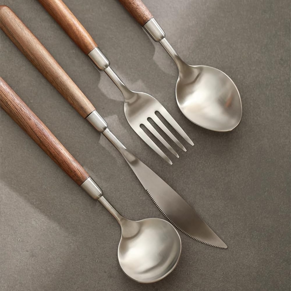 BLEWAR 304 Stainless Steel Wooden Handle Dinner Forks, Set of 4-8.07-Inch Forks for Dinner, Dessert, Salad, and Fruit - Comfortable Grip and Elegant Design