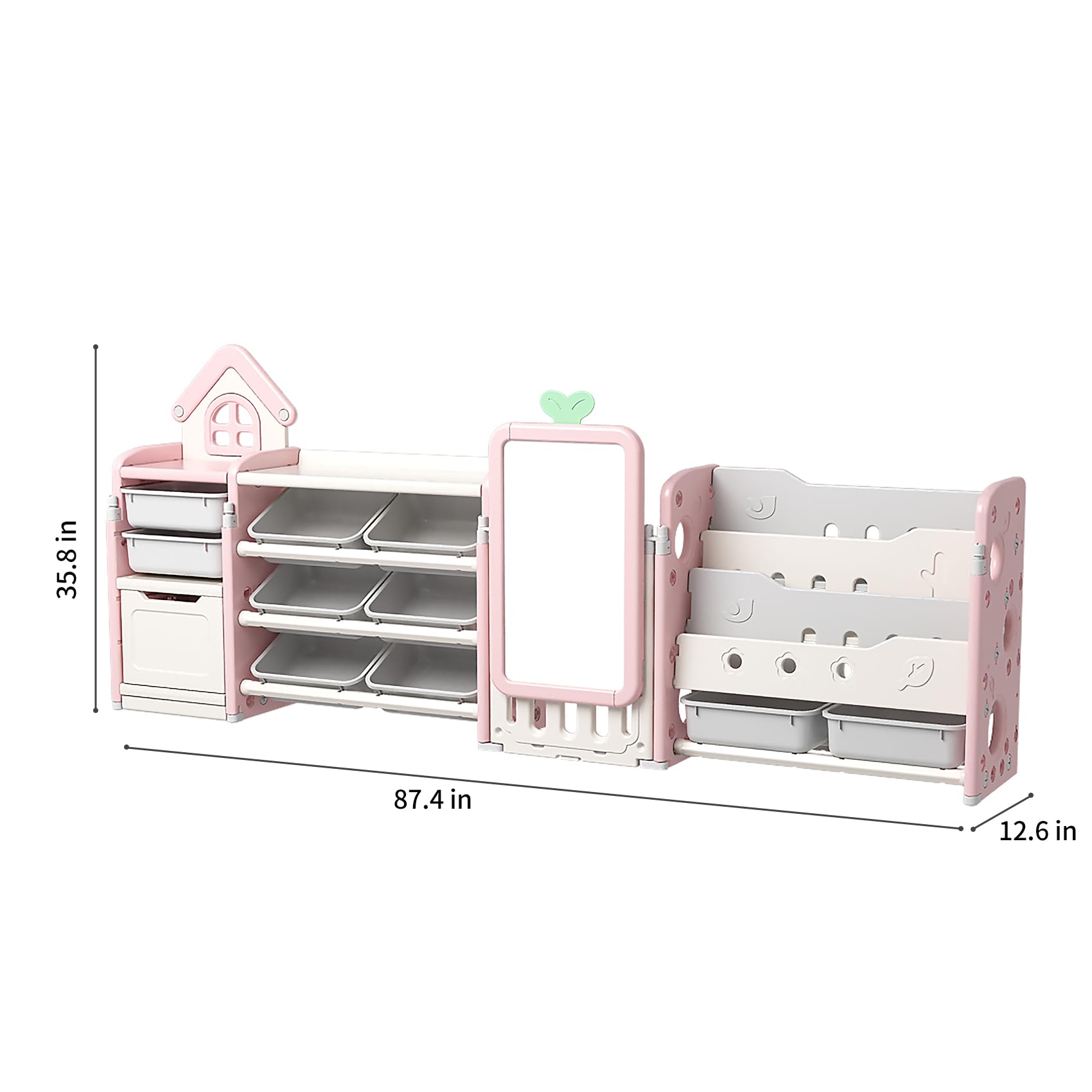 UNICOO Kids Multifunctional Toy Storage Organizer with 3-Tier Bookshelf, Storage Rack & Drawing Board, Flexible & Versatile L Shaped Organizer for Nursery, Playroom, Study Room (Pink)