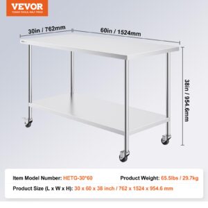 VEVOR Stainless Steel Work Table 30 x 60 x 38 Inch, with 4 Wheels, 3 Adjustable Height Levels, Heavy Duty Food Prep Worktable for Commercial Kitchen Restaurant, Silver