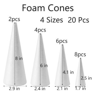 FFchuanhe 20-Pack Craft Foam Cones, Foam Tree Cones, Assorted Sizes Cones Shaped Foam (2.5,4,6,8in), for Arts and Crafts, Christmas Tree, School, Wedding, Birthday, DIY Home Craft Project