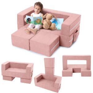 garveehome kids play couch, 3pcs modular kids couch toddler couch for playroom bedroom furniture, convertible foam kids play sofa with removable cover, pink