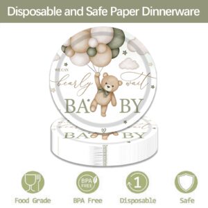 96PCS We Can Bearly Wait Bear Gender Neutral Baby Shower Party Supplies Serves 24, Includes Plates, Napkins, Forks, Green Boho Brown Teddy Bear for Girls Boys Birthday Baby Shower Party Supplies