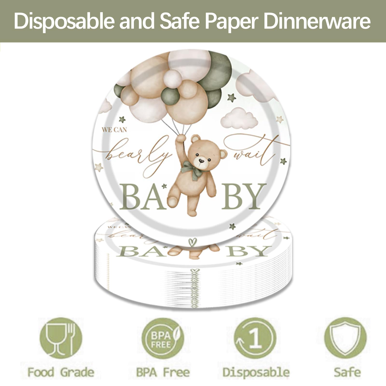 96PCS We Can Bearly Wait Bear Gender Neutral Baby Shower Party Supplies Serves 24, Includes Plates, Napkins, Forks, Green Boho Brown Teddy Bear for Girls Boys Birthday Baby Shower Party Supplies