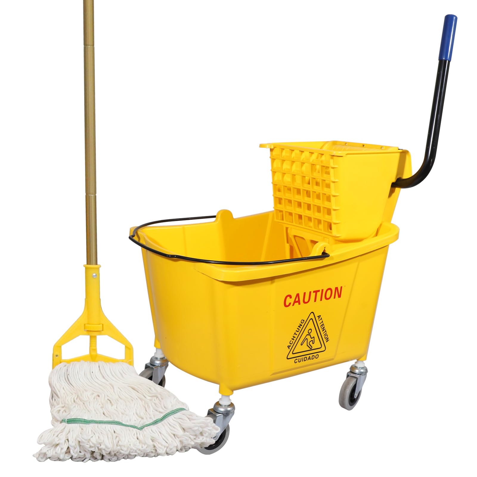 Commercial Mop Bucket with Side-Press Wringer for Floor Cleaning, Restaurants, Offices, and Janitorial Use, 35 Quarts, Yellow,Including One Commercial Mop