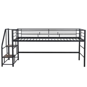 Merax Metal Low Loft Bed Frame with Full Length Guardrails, Easy Assemble Black