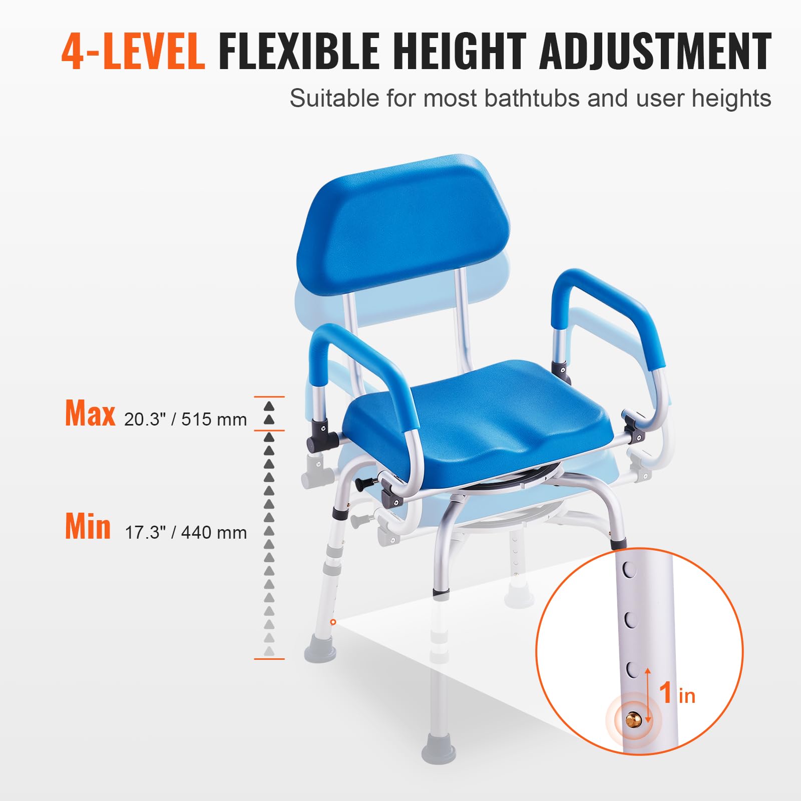 VEVOR Swivel Shower Chair 360 Degree, Adjustable Shower Seat with Pivoting Arms & Padded Bath Seat for Inside Shower or Tub, Non-Slip Rotating Bathtub Chair for Elderly Disabled, 300LBS Capacity